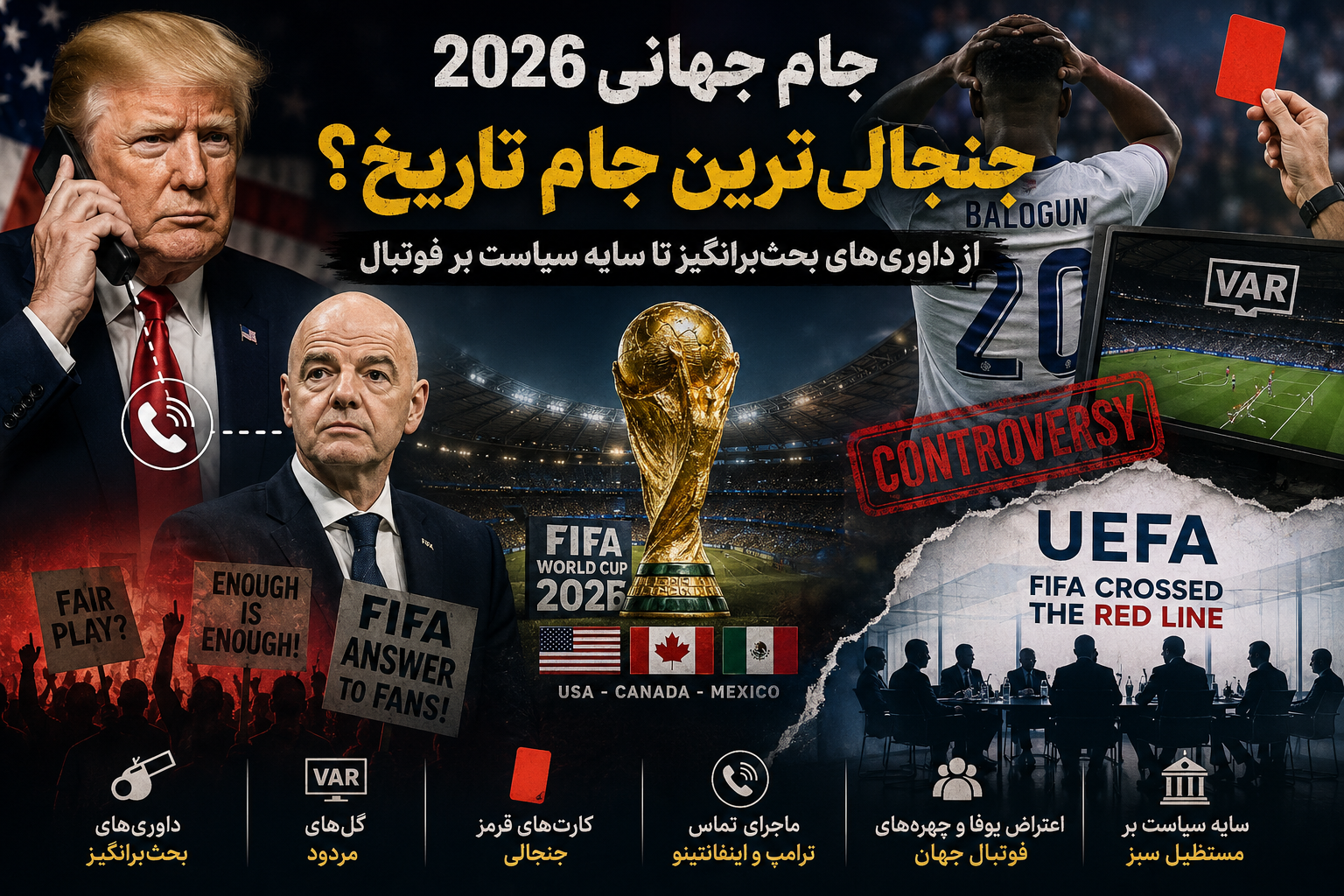 جام جهانی ۲۰۲۶؛ جنجالی‌ترین جام تاریخ فوتبال؟ از داوری‌های بحث‌برانگیز تا سایه سیاست بر مستطیل سبز